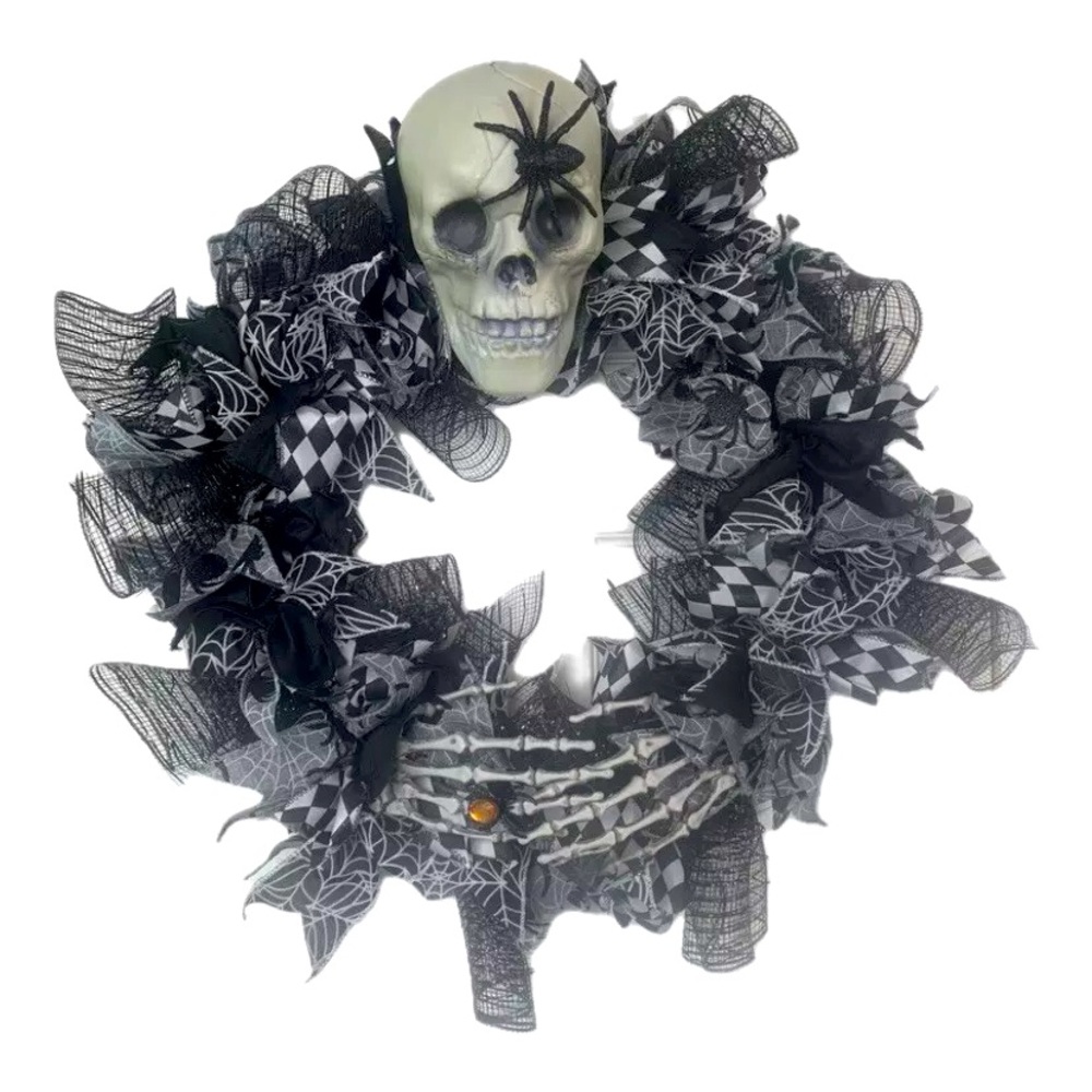 Handmade Halloween‎ Wreath Skull Skeleton Hands Spider Deco Mesh Black White 18"